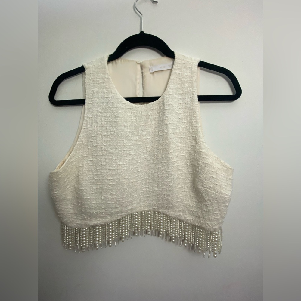 PREOWNED MANGO TWEED PEARL FRINGE CROP TOP SZ M